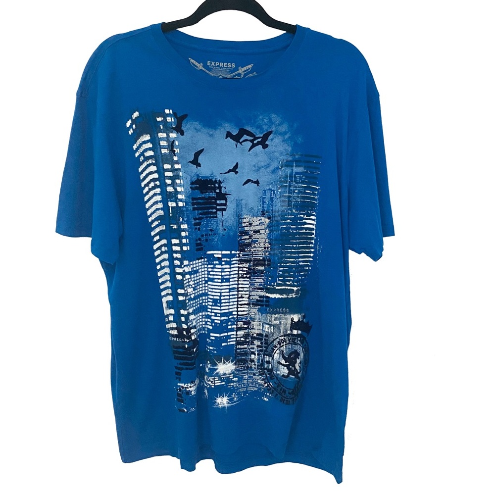 new Express ★ Flocked Graphic Night Tee ★ Cerulean - Picture 1 of 11